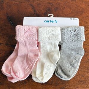 NWT Carter’s 6-Pack Baby Socks Set - Pink, White, & Gray with Bows & Non-Slip